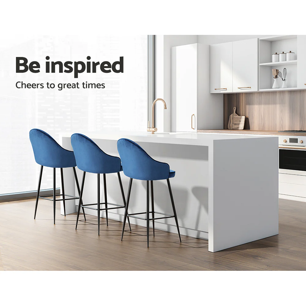 Set of 2 Munich Bar Stools Kitchen Stool Dining Chairs Velvet Chair Barstool - Blue - Nurns