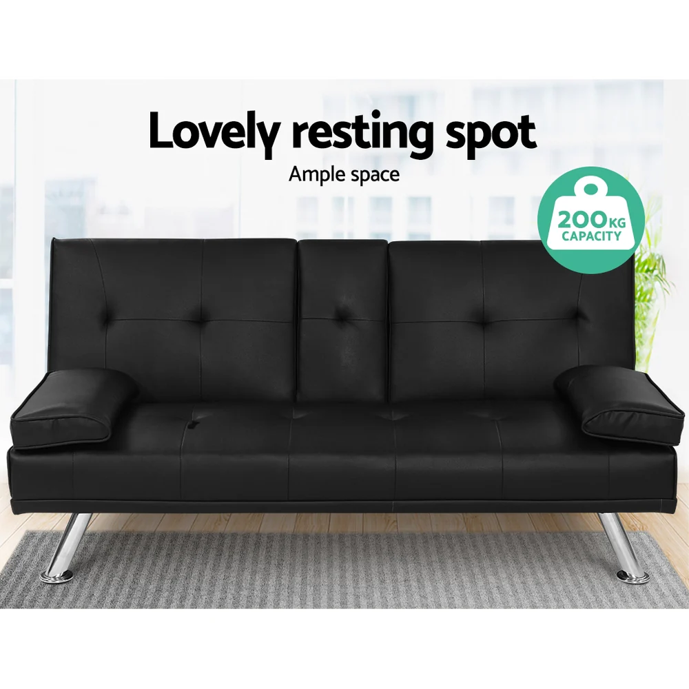 Madaline 2-Seater Leather Cup Holder Futon Sofa Bed Lounge Couch - Black - Nurns