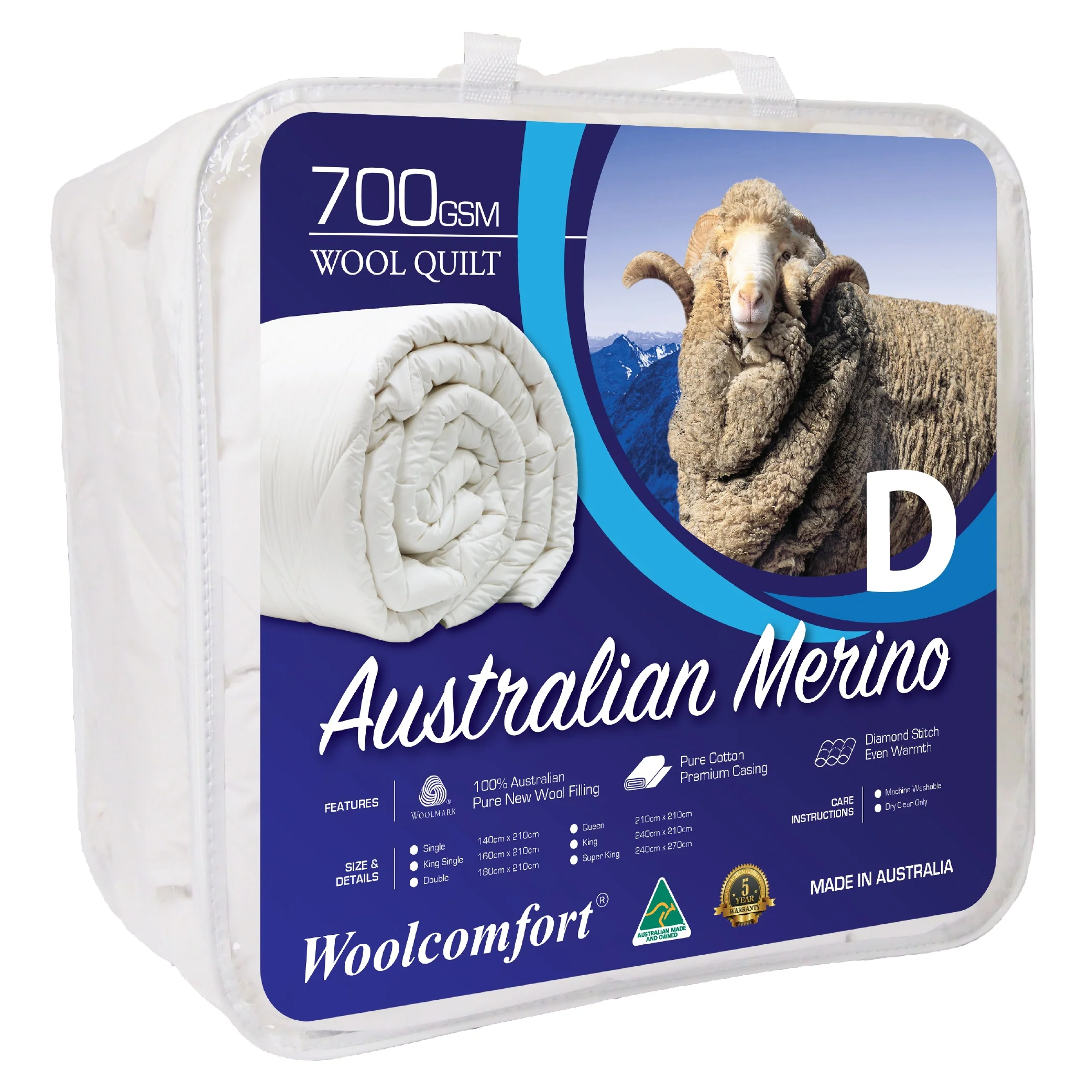 Double Woolcomfort AUS Made Merino Wool Quilt 700GSM 180x210cm - Nurns