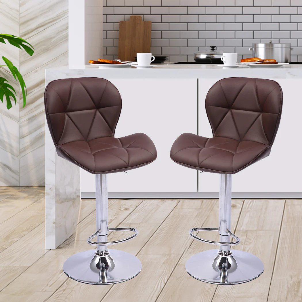 Set of 2 Orleans Bar Stools Stool Swivel Gas Lift Kitchen Leather Chair Chairs Metal Barstools - Brown - Nurns