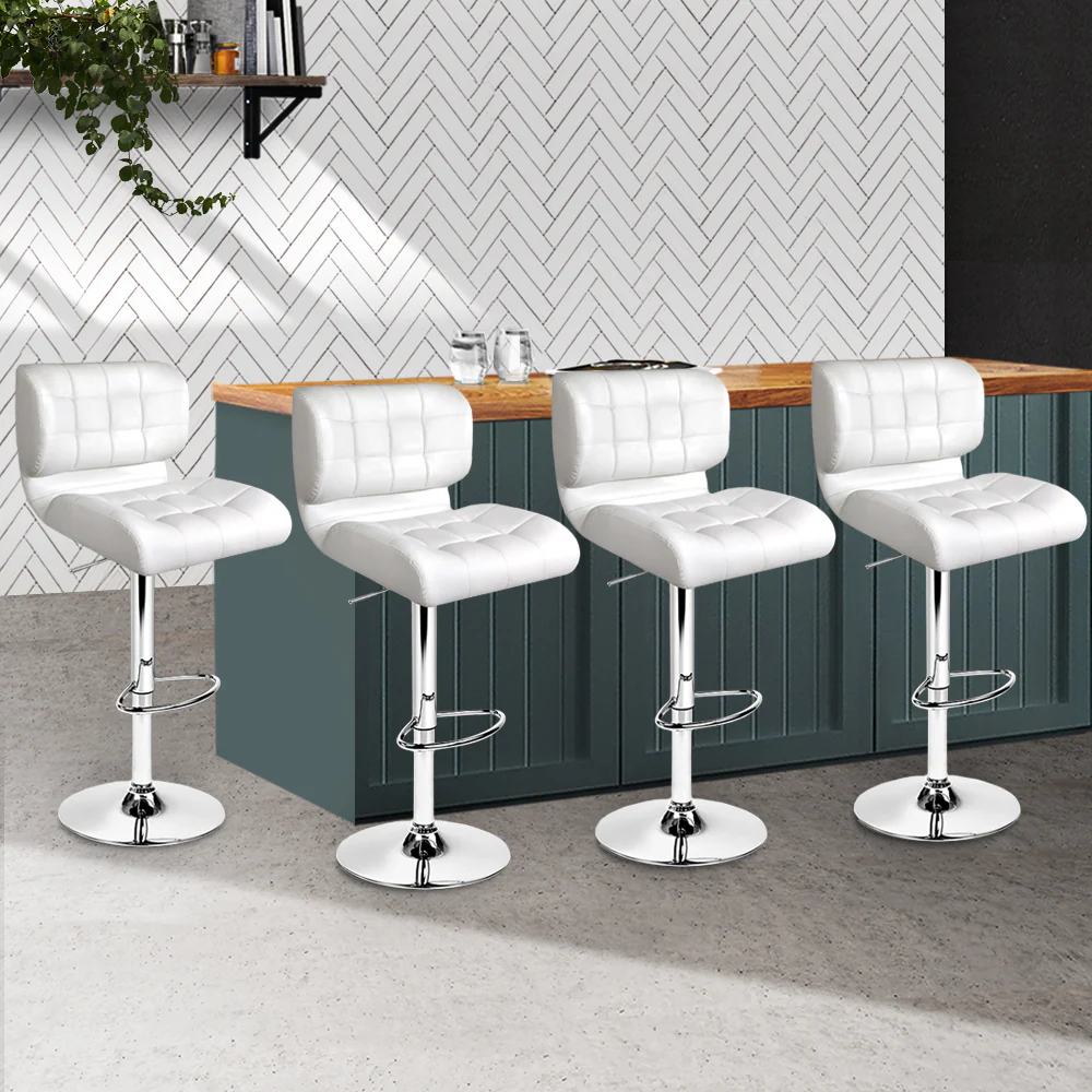 Set of 4 Genoa PU Leather Gas Lift Bar Stools - White & Chrome - Nurns