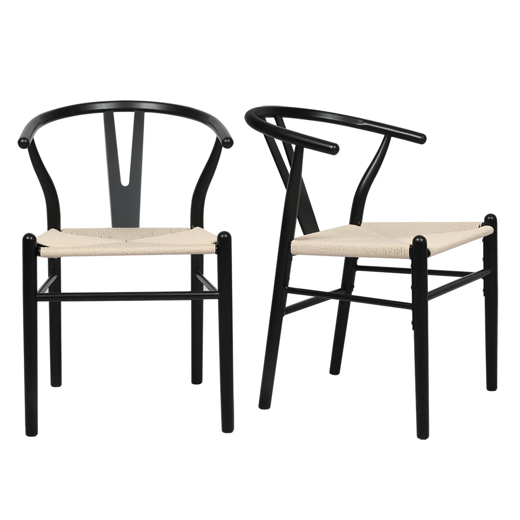 Jett Set of 2 Dining Chairs Wooden Hans Wegner Wishbone Cafe Lounge Seat - Black - Nurns