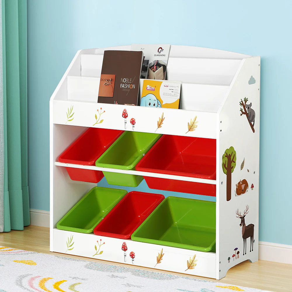 Kids Bookshelf Toy Box Organiser Children 6 Bins Display Shelf Storage Box - Nurns
