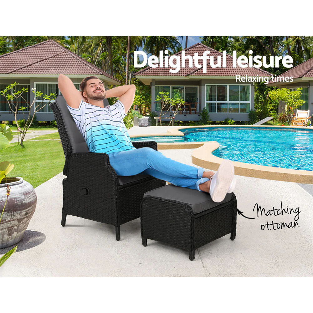 Yeovil Recliner Chair Outdoor Furniture Setting Patio Wicker Sofa Chair and Ottoman - Black - Nurns