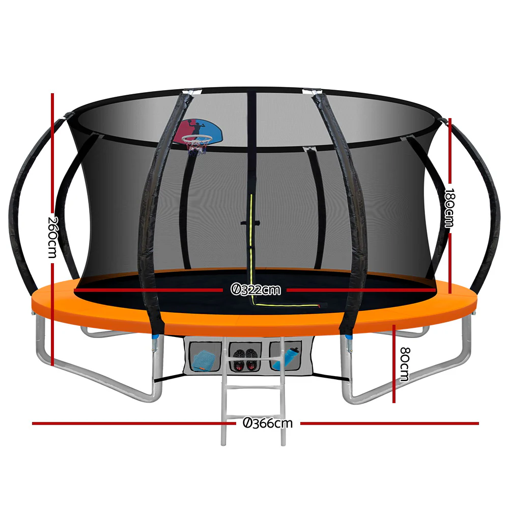 Everfit Trampoline for Kids 12FT with Ladder Enclosure Safety Net Rebounder Orange - Nurns