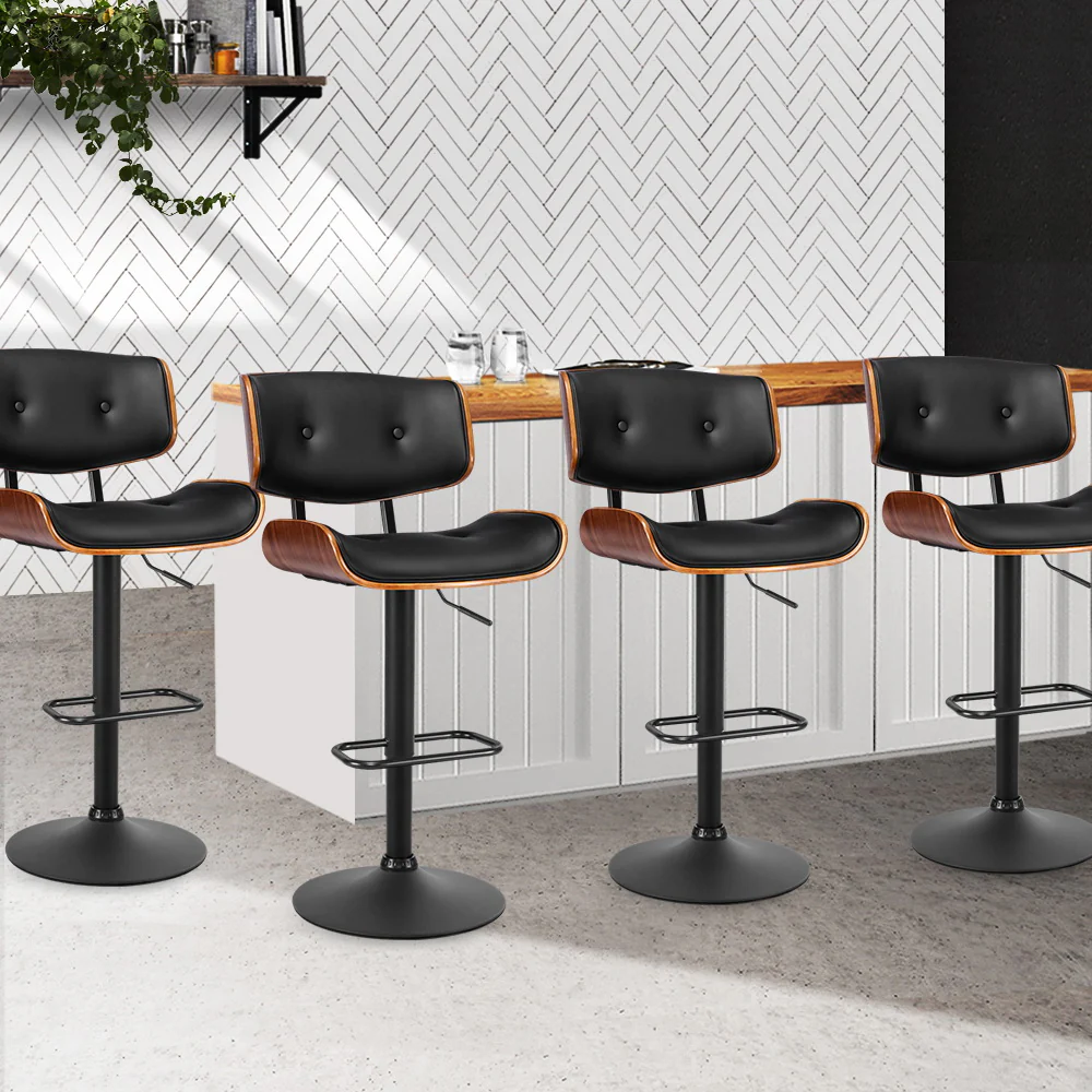 Set of 4 Ancona Kitchen Bar Stools Gas Lift Stool Chairs Swivel Barstool Leather - Black - Nurns