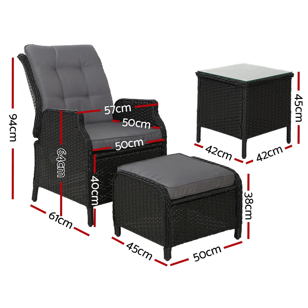 Yeovil 5-Piece Recliner Chair Outdoor Furniture Setting Patio Wicker Sofa Chair and Ottoman - Black - Nurns