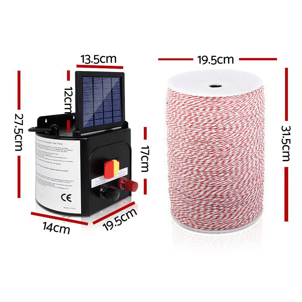 5km Solar Electric Fence Energiser Energizer 0.15J + 2000m Poly Fencing Wire Tape - Nurns