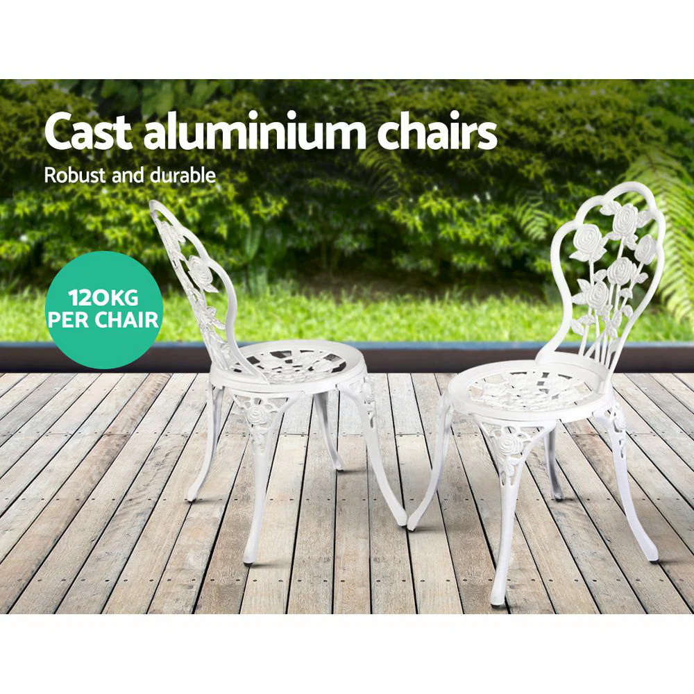 Caspian 2-Seater Chairs Table Aluminium Bistro 3-Piece Outdoor Furniture - White - Nurns