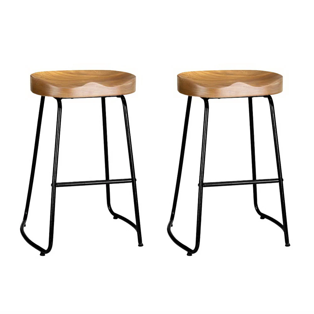 Set of 2 Reggio 65cm Elm Wood Backless Bar Stools - Black & Natural - Nurns