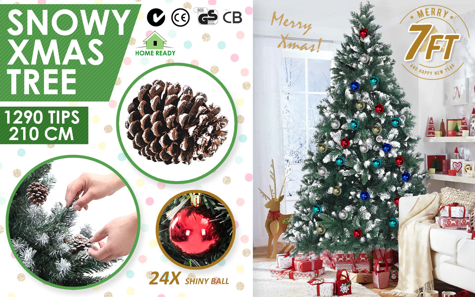 7ft 2.1m 1290 Tips Snowy Christmas Tree Xmas Pine Cones + Bauble Balls Green - Nurns