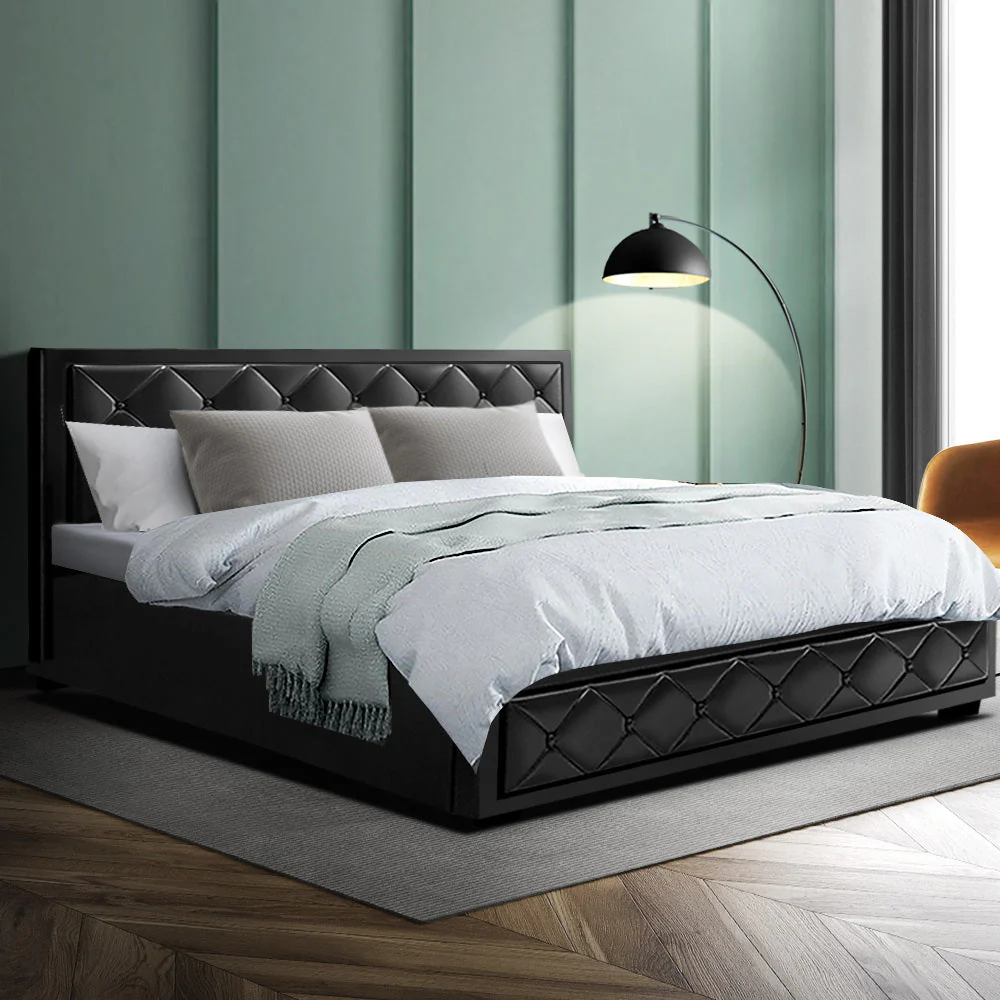 Savannah Bed Frame PU Leather Gas Lift Storage - Black King - Nurns