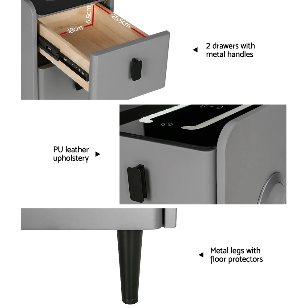 Parksville LED Bedside Tables Smart with Wireless Charging LED Lights with 2 Drawers - Grey - Nurns