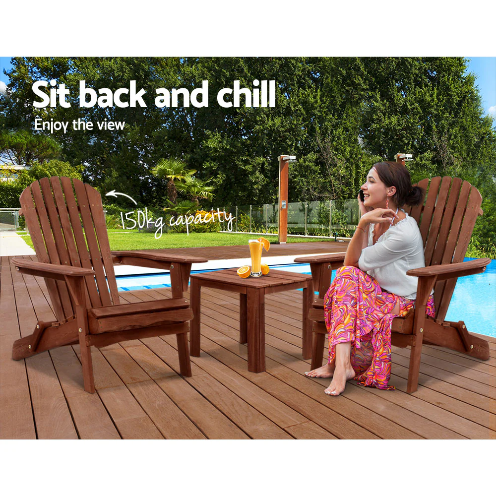 Adirondack Gardeon 3PC Outdoor Table and Chairs Wooden Foldable Beach Chair Brown - Nurns