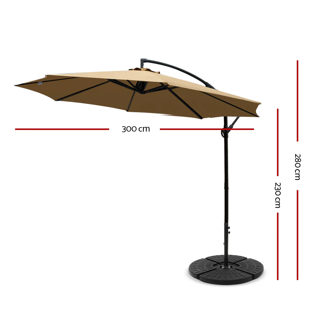 Instahut 3m Outdoor Umbrella w/Base Cantilever Beach Garden Patio Beige - Nurns
