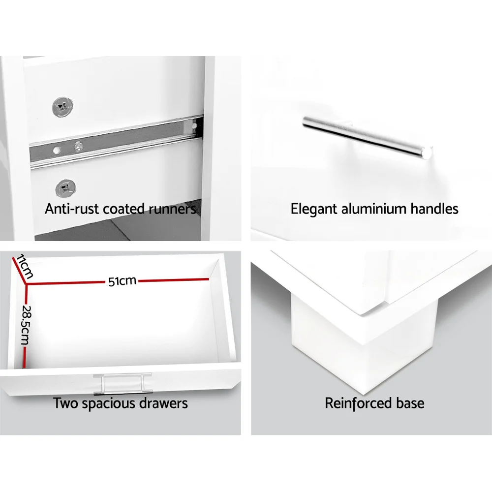 Dorval High Gloss Bedside Table with 2 Drawers - White - Nurns