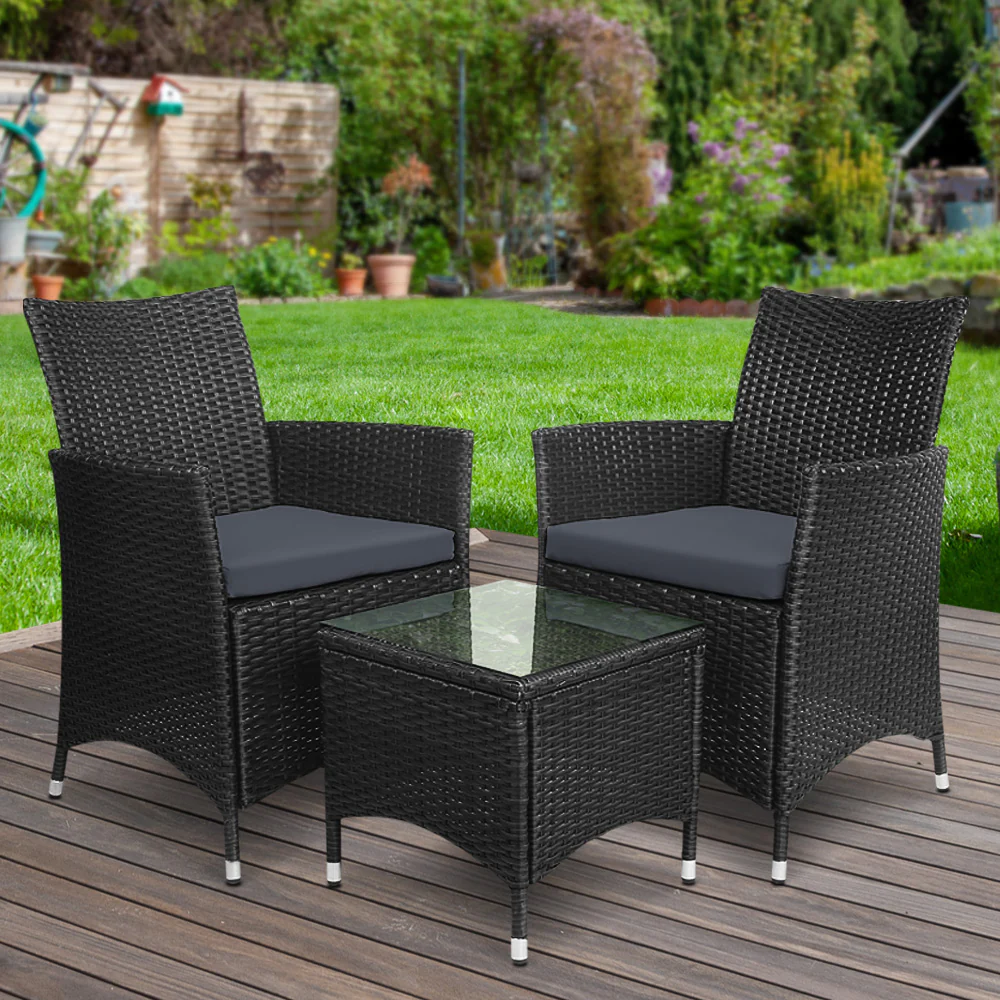 Noah 2-Seater Wicker Furniture 3-Piece Outdoor Setting - Black - Nurns