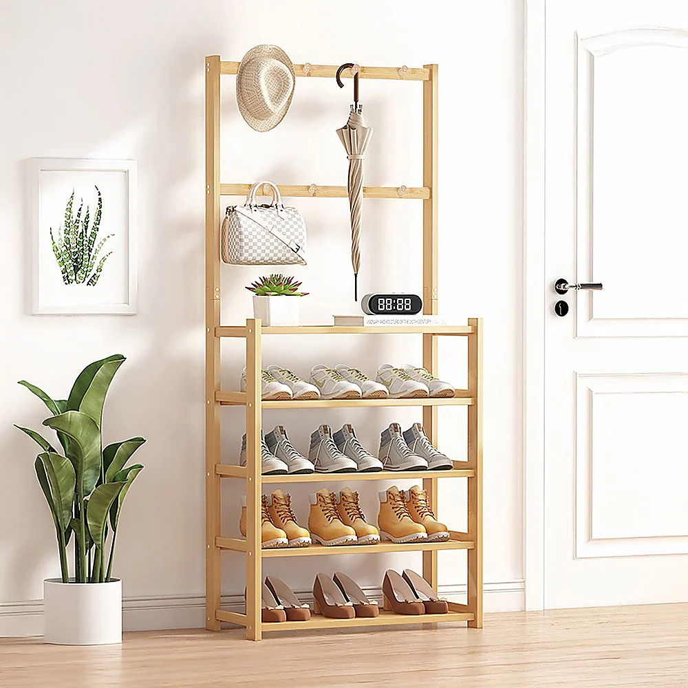 Large Wooden 5 Tiers Hat Coat Stand Clothes Shoe Rack Hanger Hooks Shelf Storage - Nurns