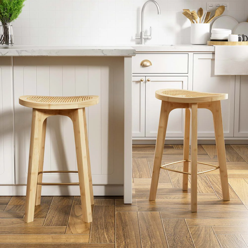Set of 2 Lisbon Bar Stools Bamboo Rattan Stool Counter Chair Kitchen Barstools - Natural Wood - Nurns