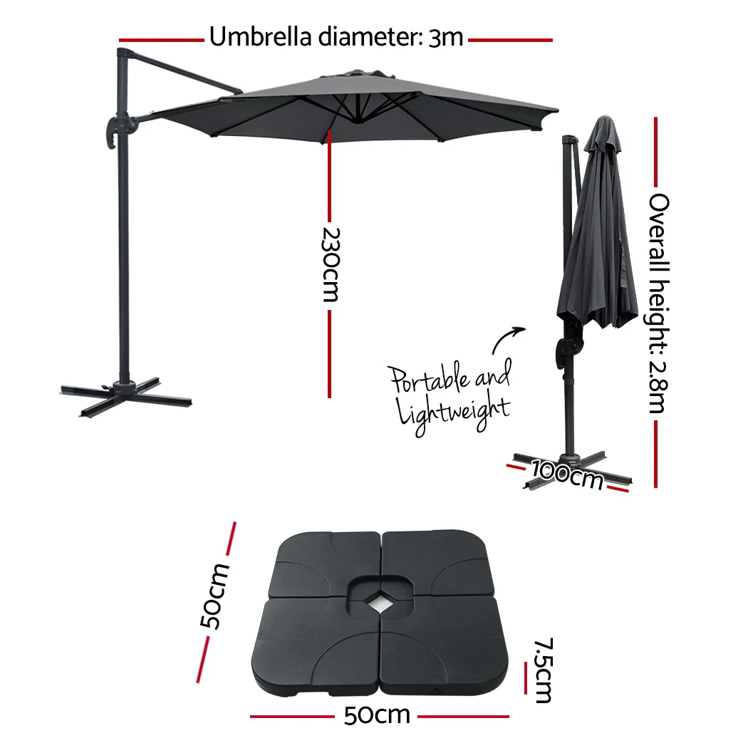 Instahut 3m Outdoor Umbrella w/Base Cantilever Beach Roma 360 Degree Tilt Charcoal - Nurns