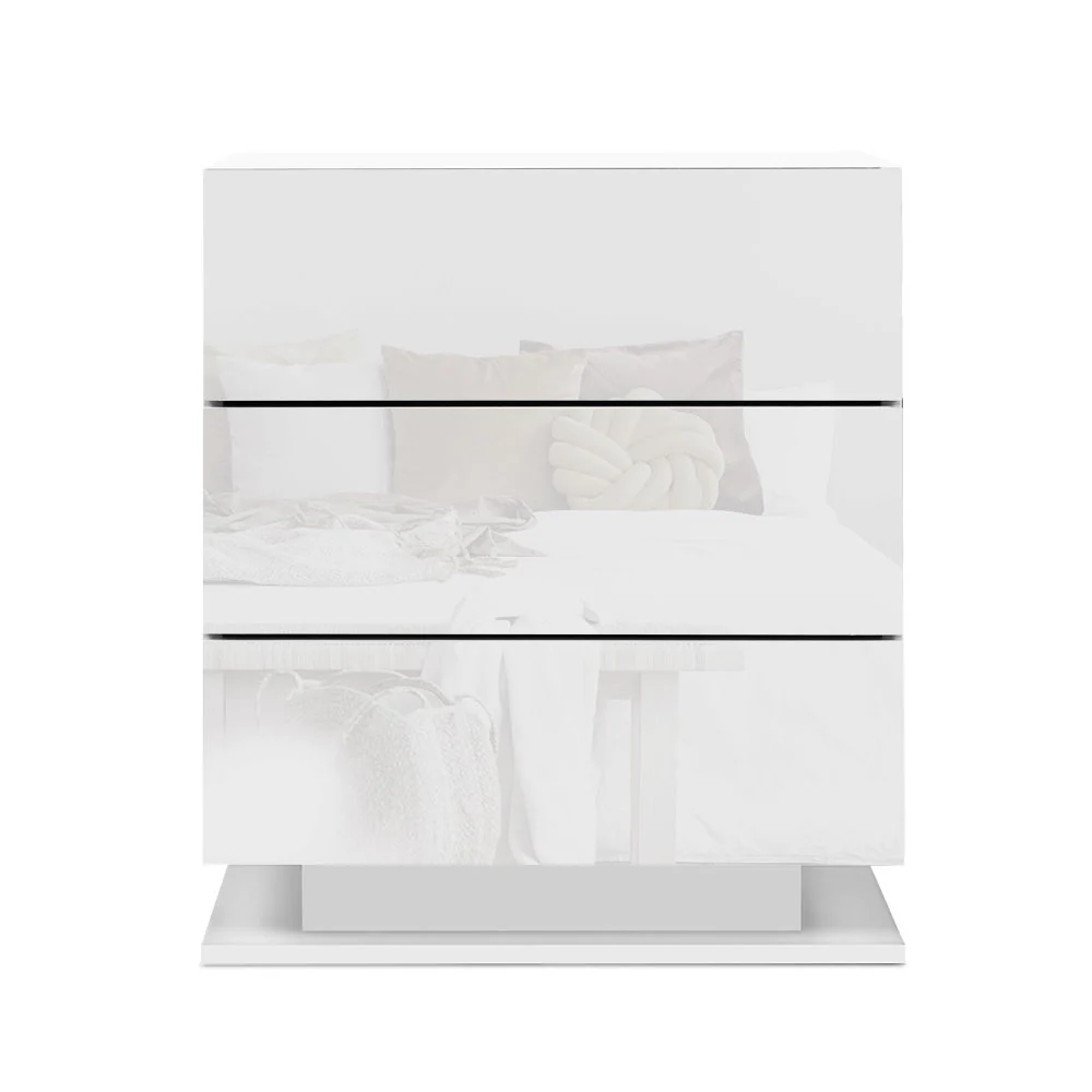 Lachine LED High Gloss Bedside Tables Side Table RGB LED Lamp Nightstand Gloss with 3 Drawers - White - Nurns