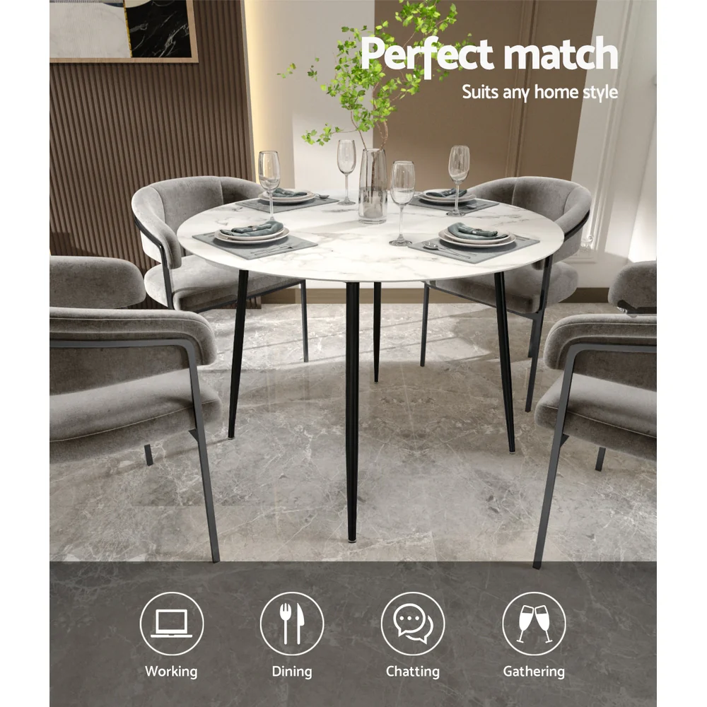 Dining Table Round Wooden Table With Marble Effect Metal Legs 110CM White - Nurns