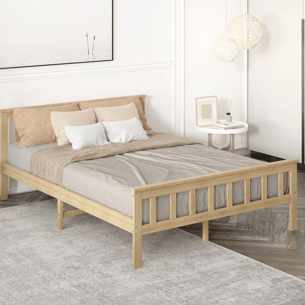 Mia Wooden Bed Frame Base Solid Timber Pine Wood Natural - Queen - Nurns
