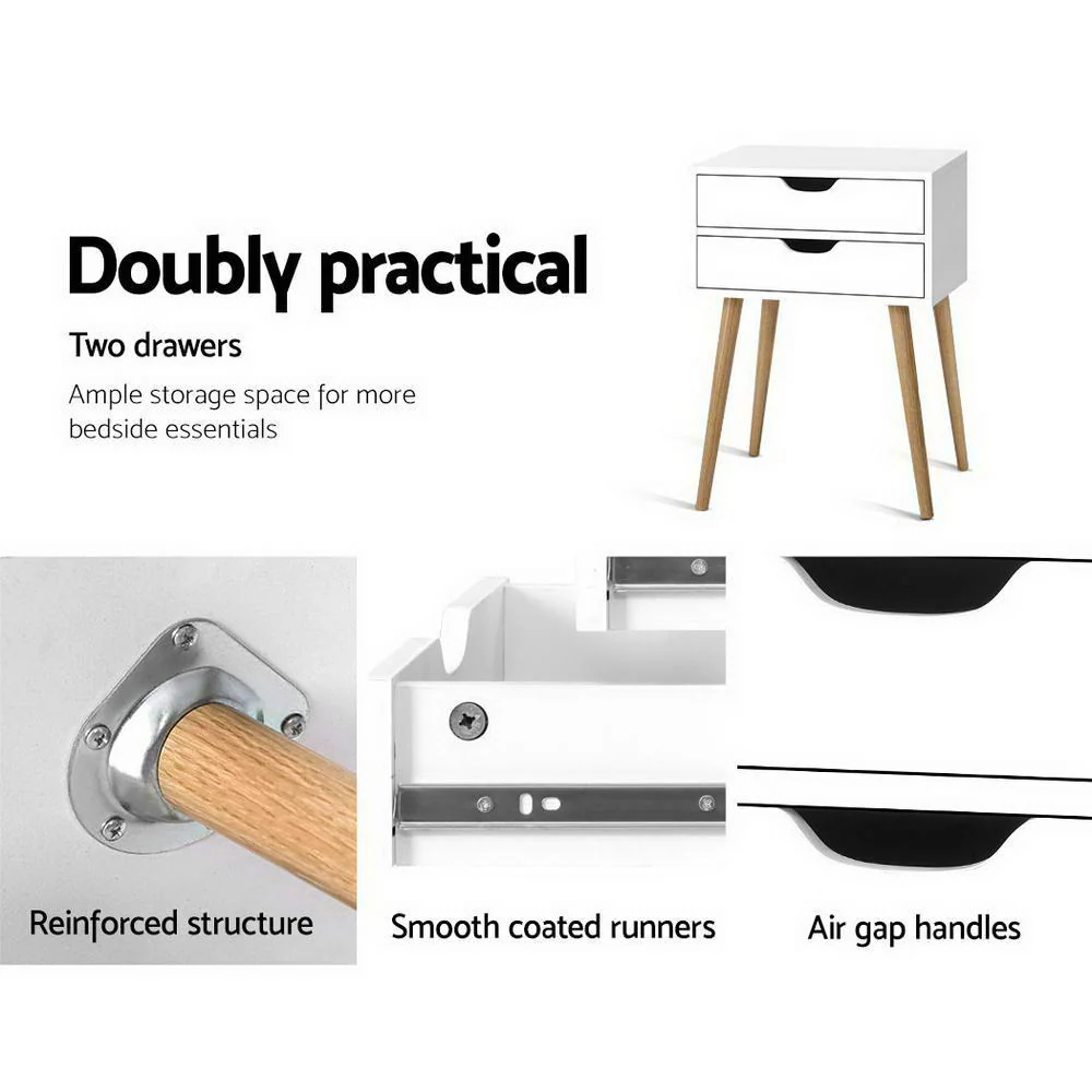 Oshawa Particle Board Bedside Tables Side Table Nightstand Wood Storage Cabinet with 2 Drawers - White - Nurns