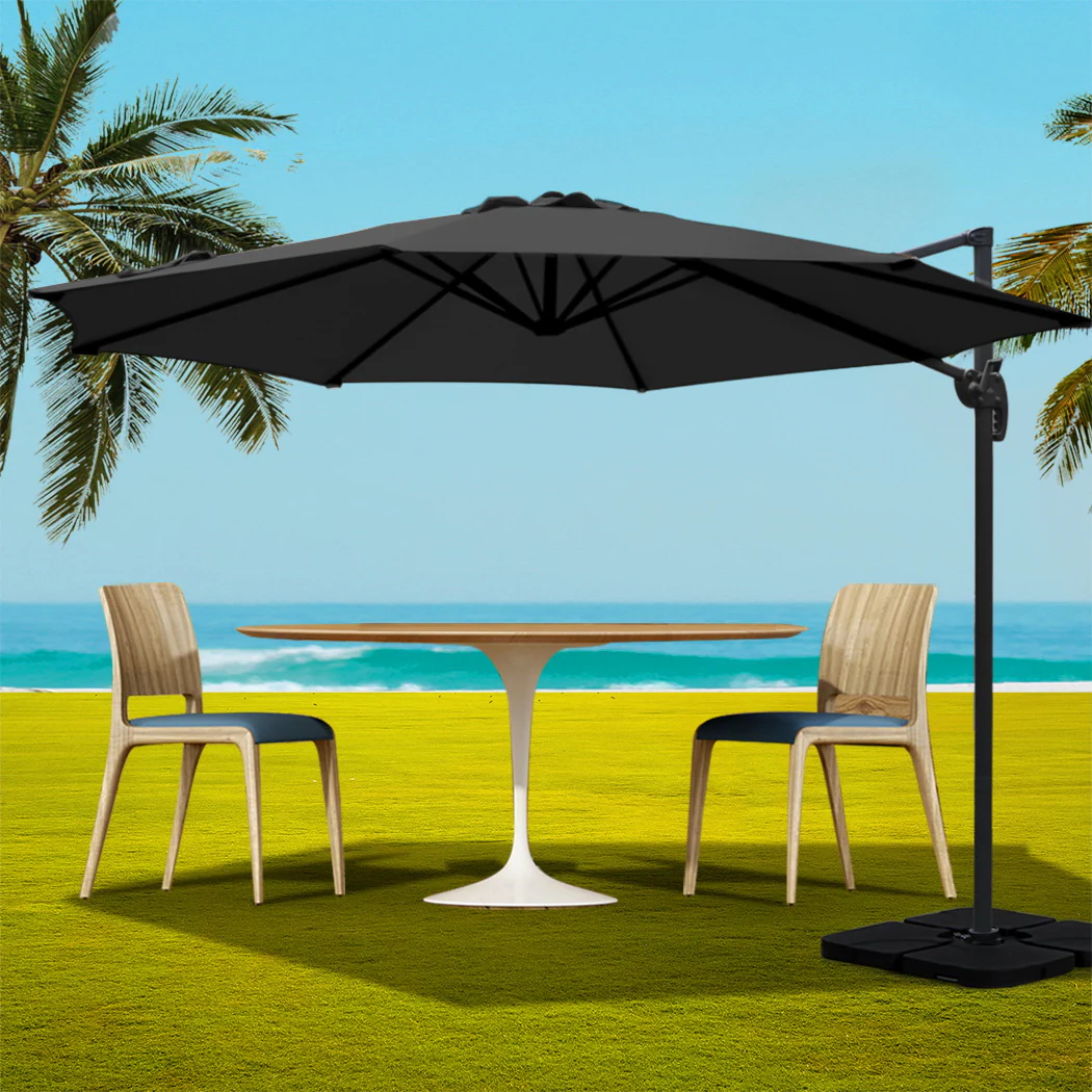 Instahut 3m Outdoor Umbrella w/Base Cantilever Beach Roma 360 Degree Tilt Black - Nurns