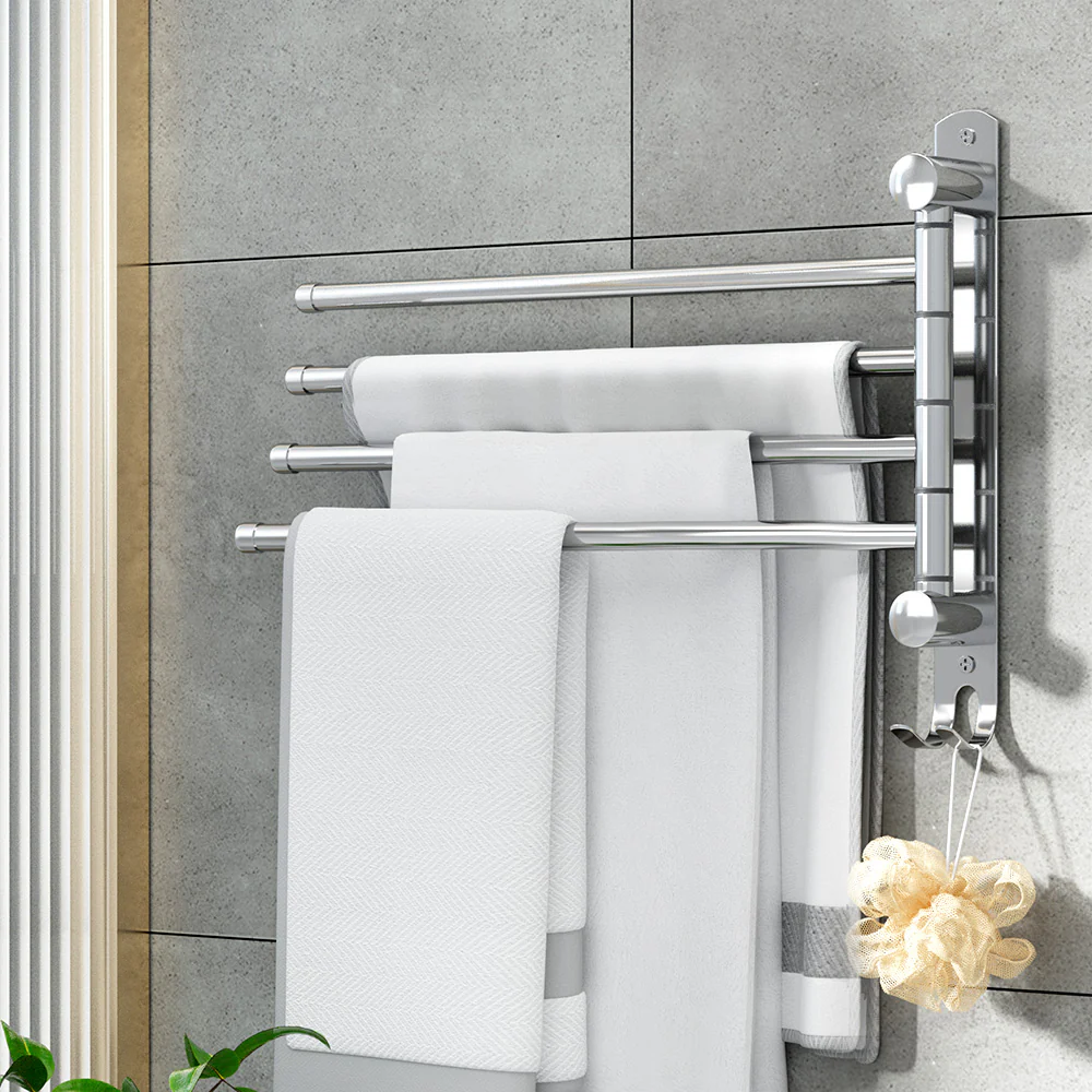 Towel Rail Rack Holder 4 Bars Wall Mounted Stainless Steel Swivel Hanging Hook - Nurns