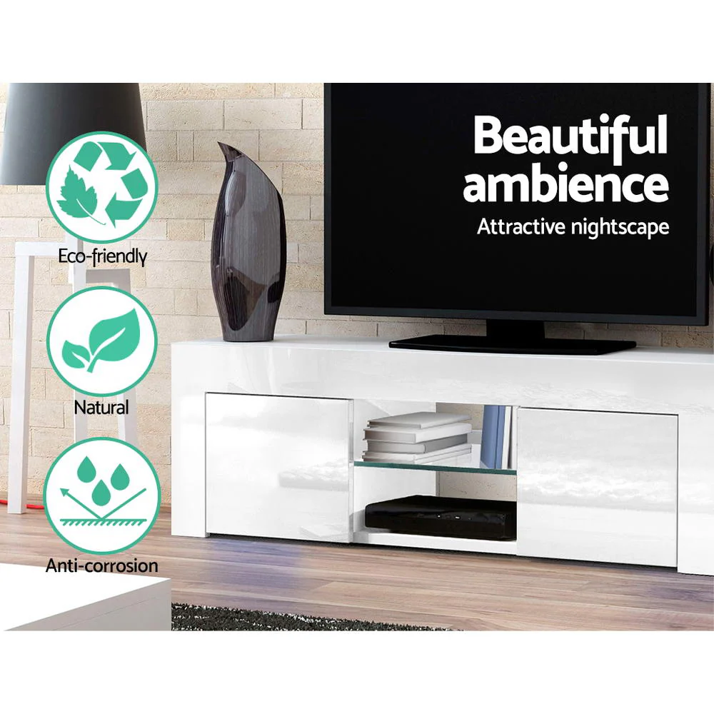 Viola 130cm High Gloss TV Stand Entertainment Unit Storage Cabinet Tempered Glass Shelf - White - Nurns