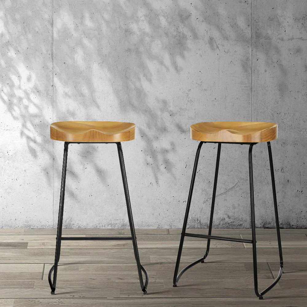 Set of 2 Reggio 75cm Elm Wood Backless Bar Stools - Black & Natural - Nurns