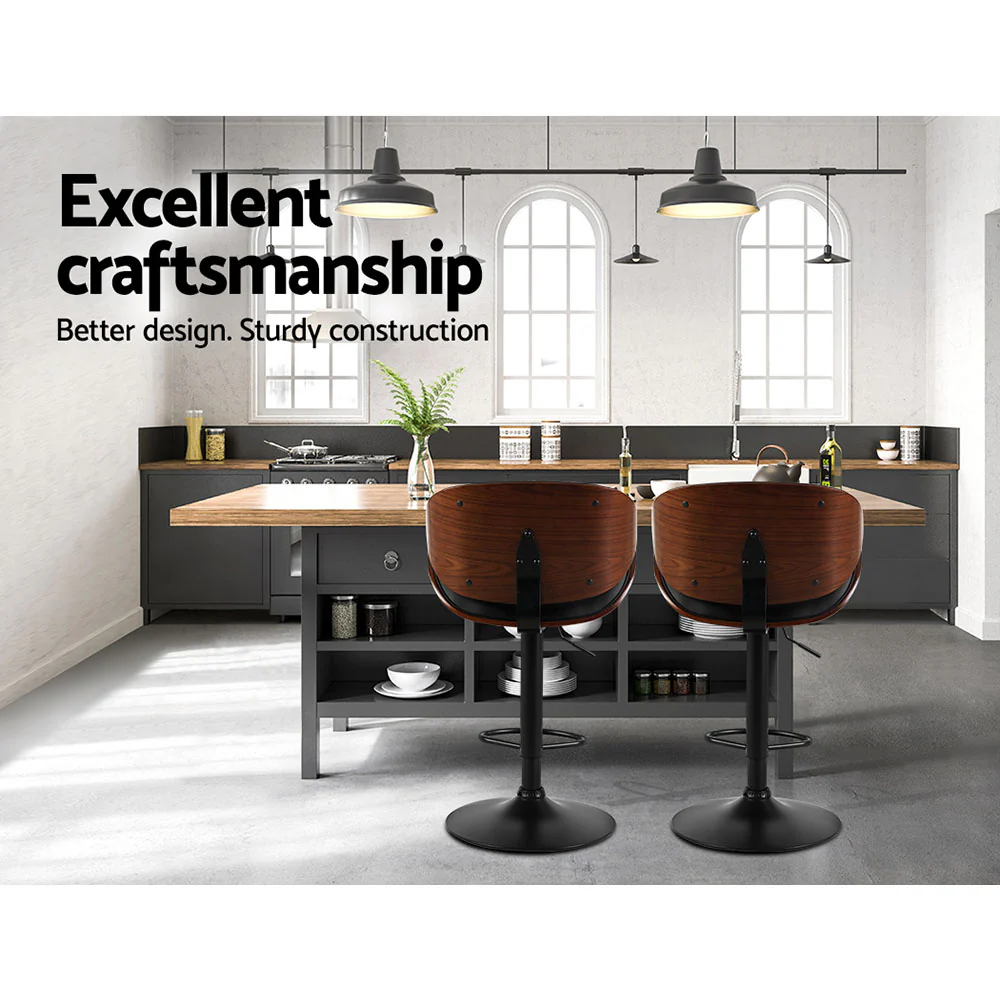 Set of 2 Rouen Kitchen Bar Stools Swivel Gas Lift Wooden Stool Metal Barstools - Black - Nurns