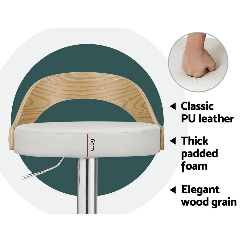 Set of 2 Plymouth Bar Stools Kitchen Gas Lift Wooden Stool Metal Barstools Swivel - White - Nurns