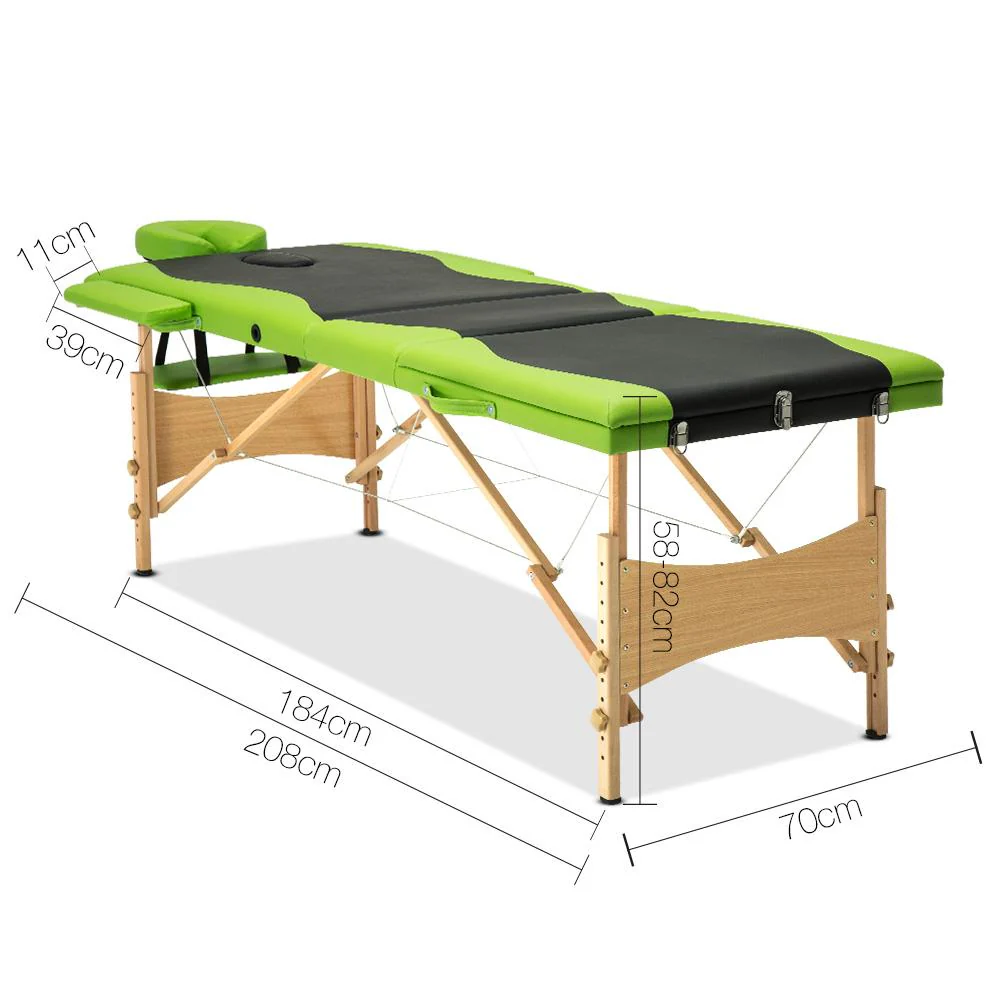Massage Table 70cm 3 Fold Wooden Portable Beauty Therapy Bed Waxing Green - Nurns