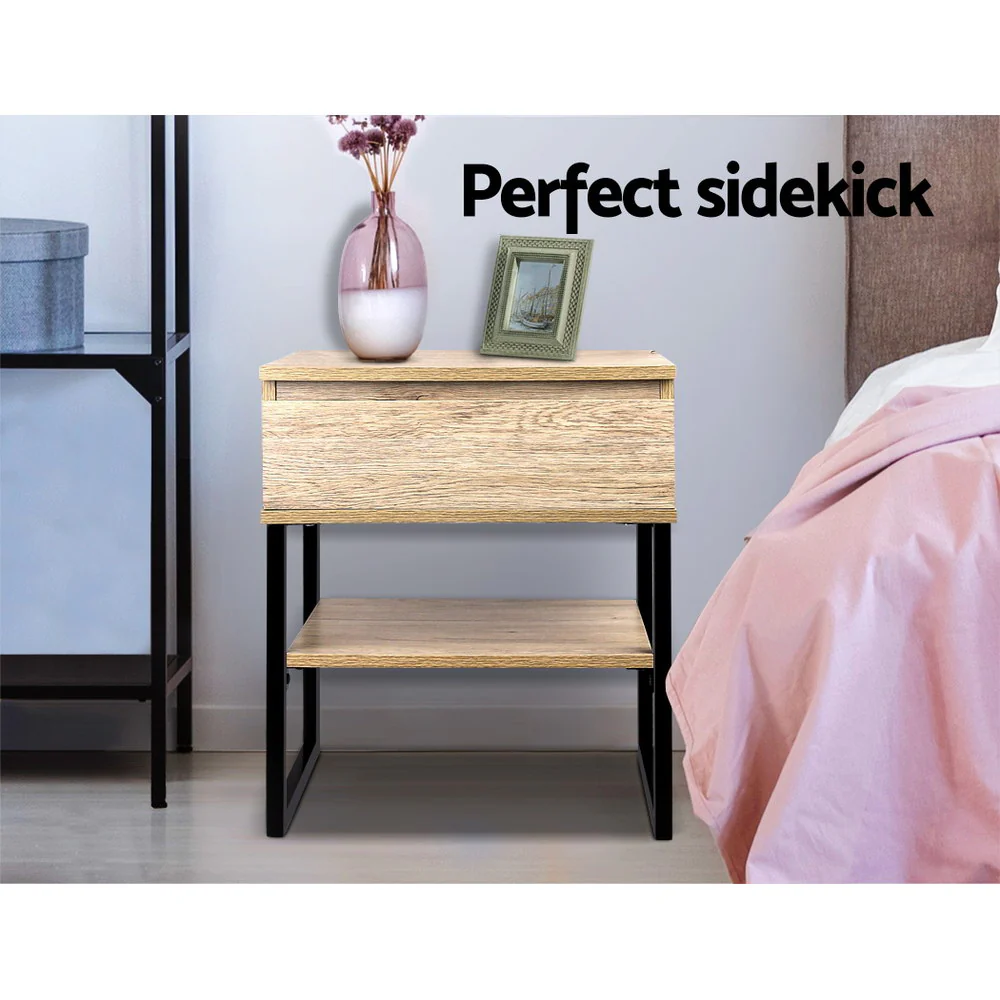 Welland Particle Board & Metal Bedside Tables Chest Style - Natural Wood - Nurns