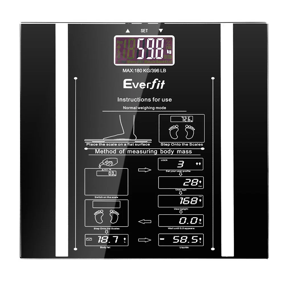 Everfit Body Fat Bathroom Scale Weighing Water Body Fat Gym 180kg - Nurns