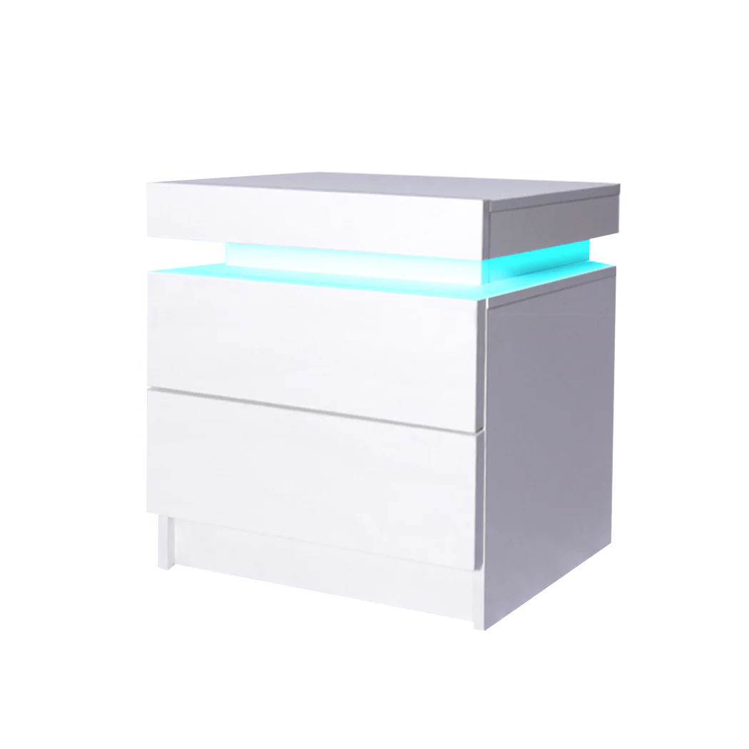 Inuvik LED Bedside Tables RGB LED Storage Cabinet High Gloss Nightstand with 2 Drawers - White - Nurns