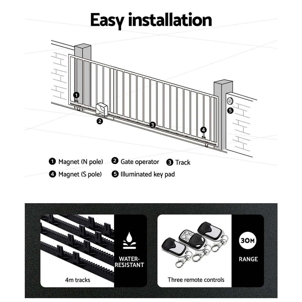Automatic Sliding Gate Opener Kit 40W Full Solar Electric 4M 600kg - Nurns