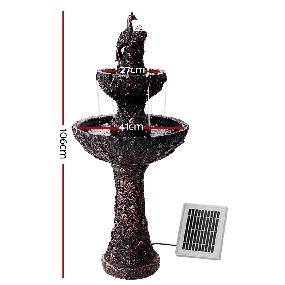 Solar Water Feature Tier Fountain with Pump Kit Bird Bath 106cm - Peacock - Nurns