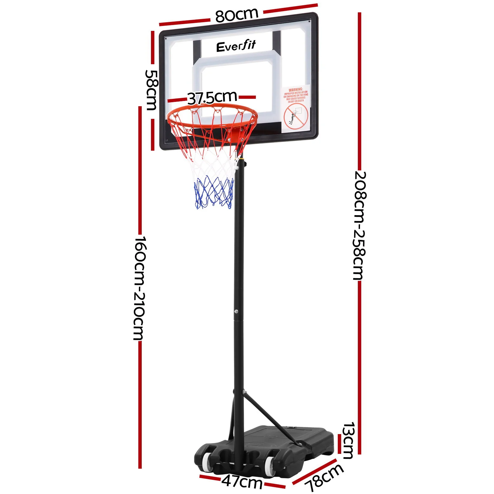 Everfit 2.1M Basketball Hoop Stand System Adjustable Portable Pro Kids Clear - Nurns