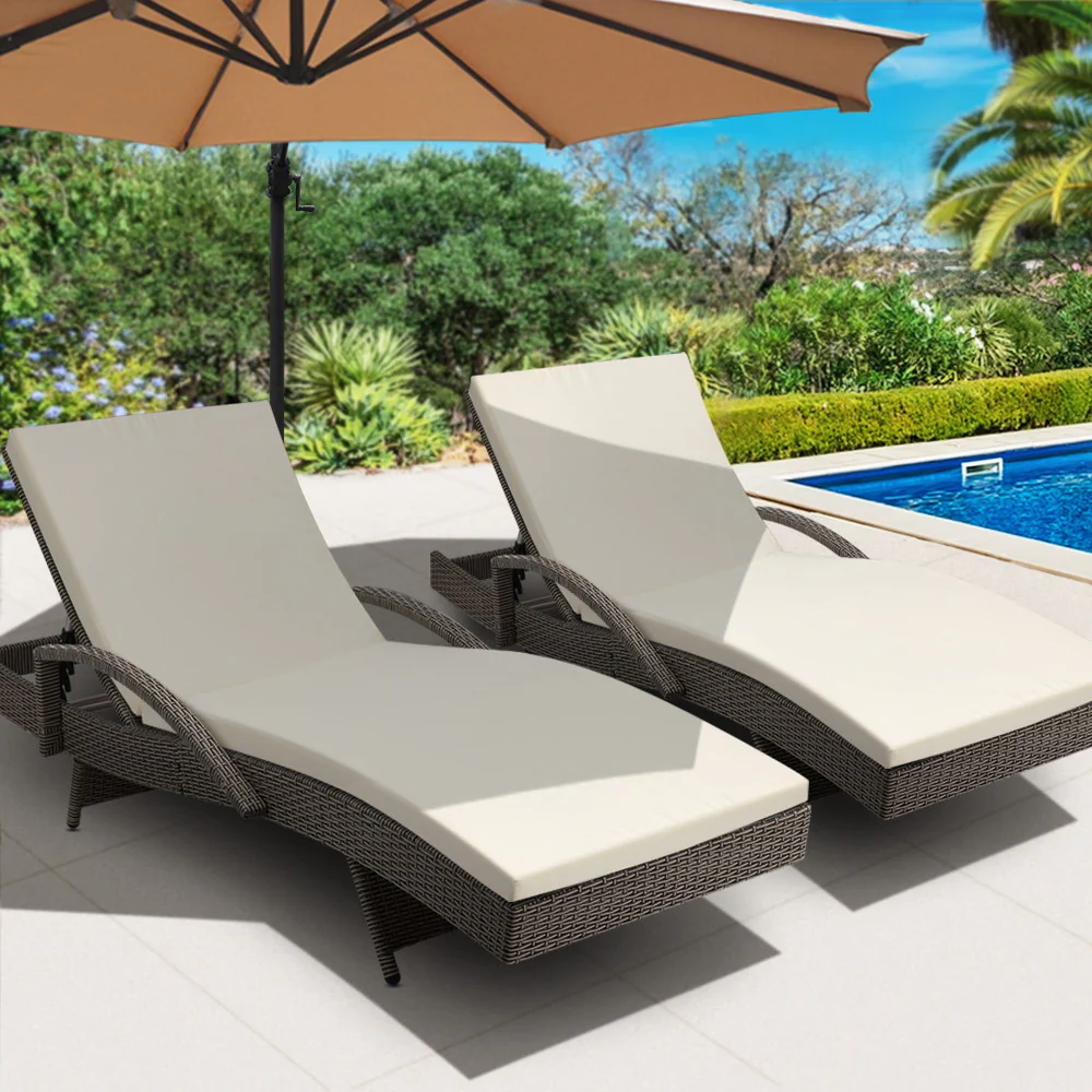 Ashby Set of 2 Outdoor Sun Lounge Wicker with Armrest Chair and Cushion - Grey - Nurns