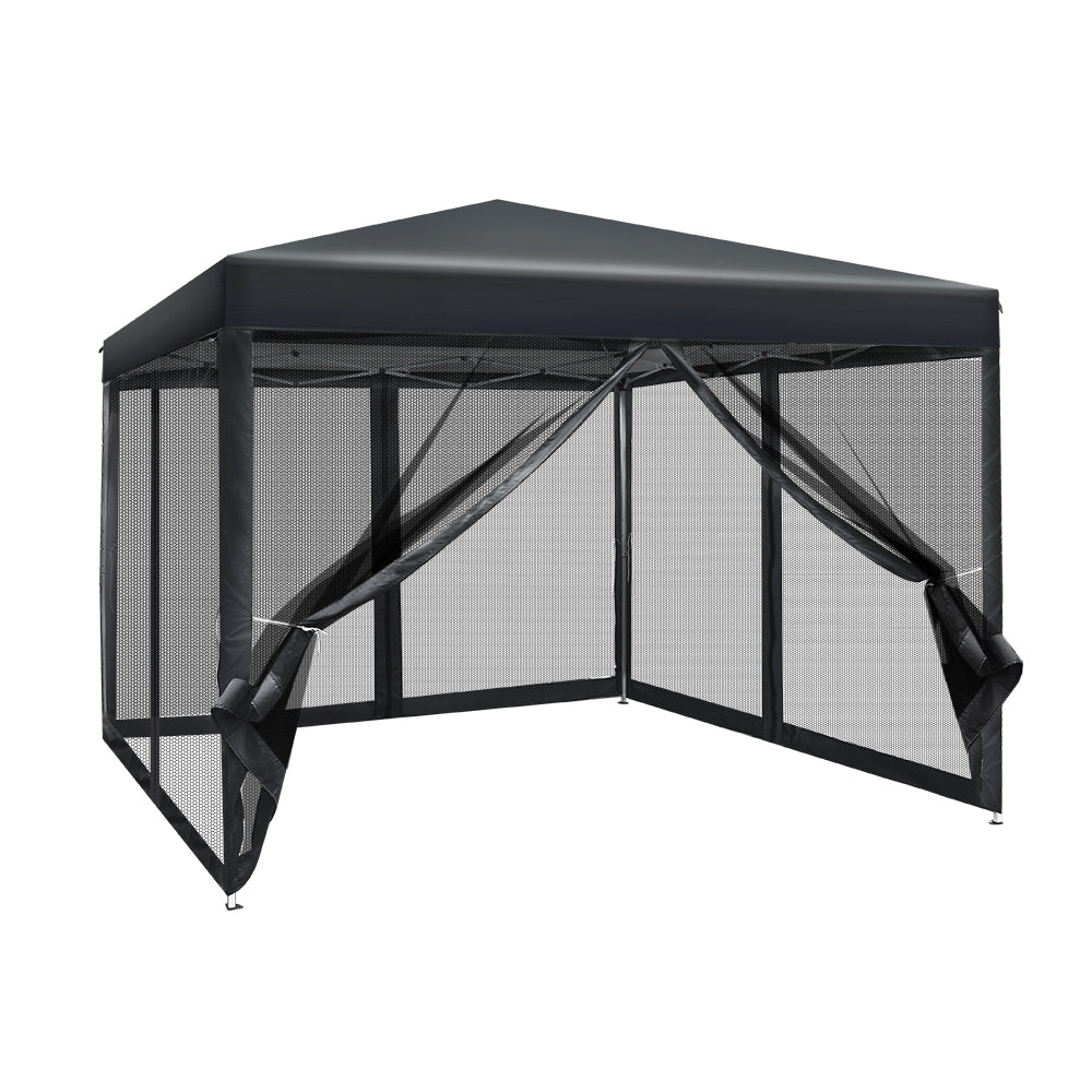 Instahut Gazebo Pop Up Marquee 3x3m Wedding Party Outdoor Camping Tent Canopy Shade Mesh Wall Black - Nurns