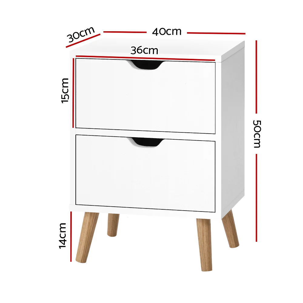 Orillia Bedside Table Nightstand with 2 Cabinet Drawers - White - Nurns