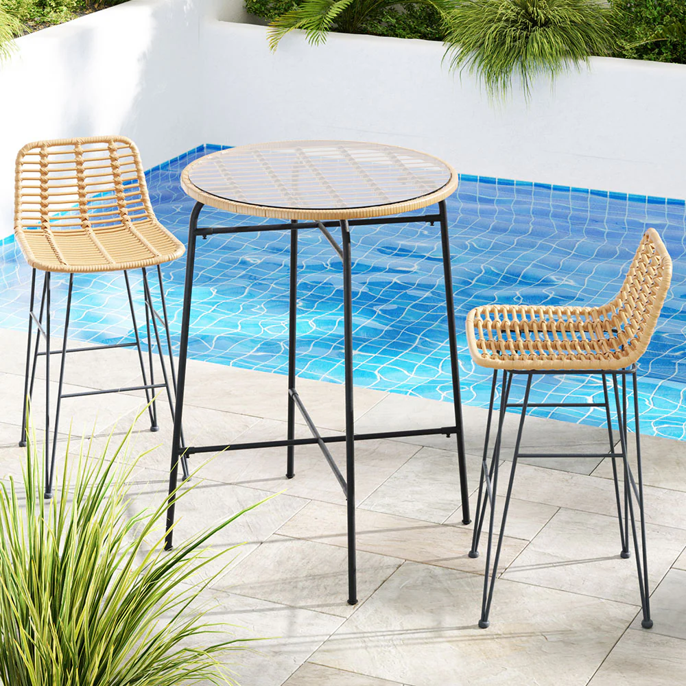 Myles 2-Seater Wicker Dining Bistro Patio Table Chairs Set Steel - Black and Wood - Nurns