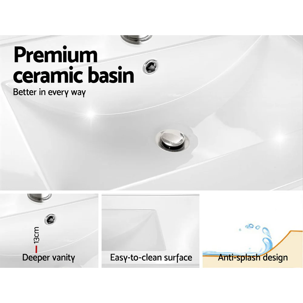 Bathroom Vanity Unit Ceramic Basin Cabinet Wall Mounted Storage 600mm Walnut - Nurns