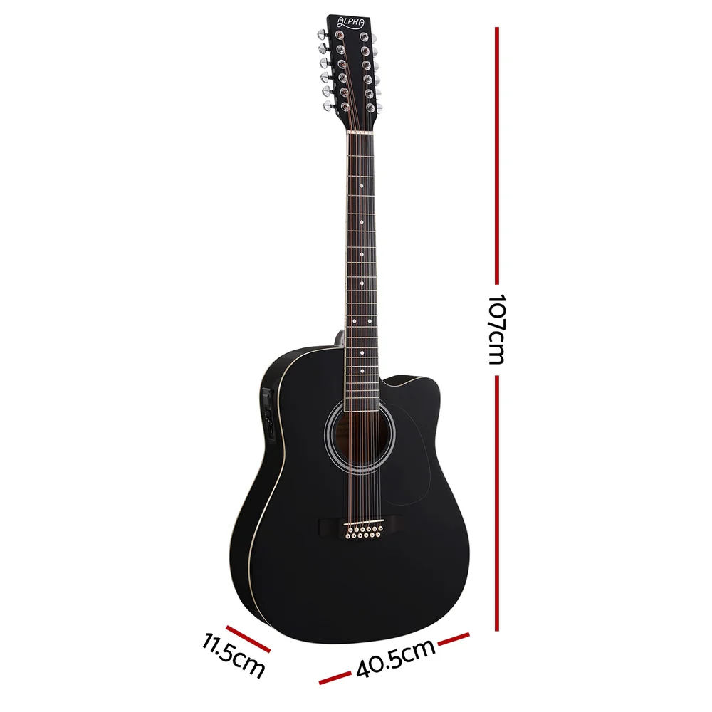 Alpha 42 Inch Acoustic Guitar 12 Strings w/ Equaliser Electric Output Jack Black - Nurns