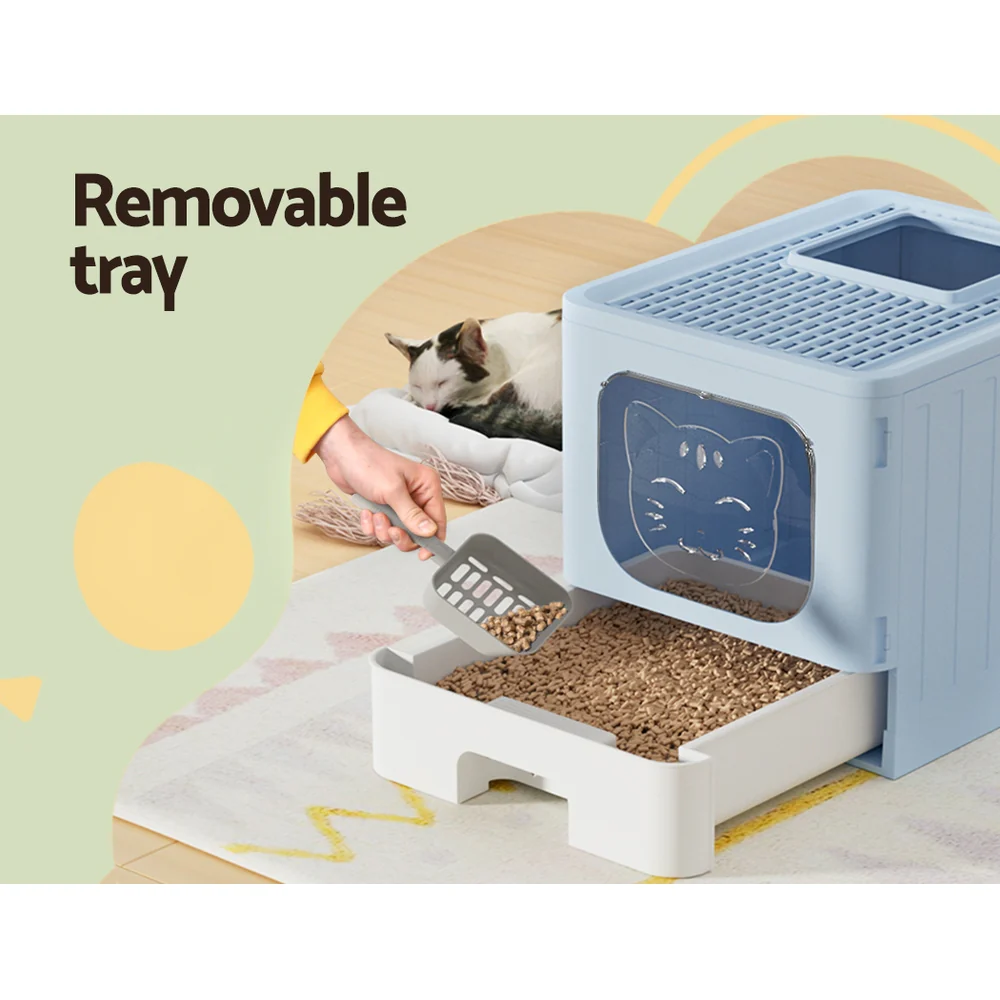 Cat Litter Box Large Tray Kitty Toilet Enclosed Hooded Foldable Scoop Blue - Nurns