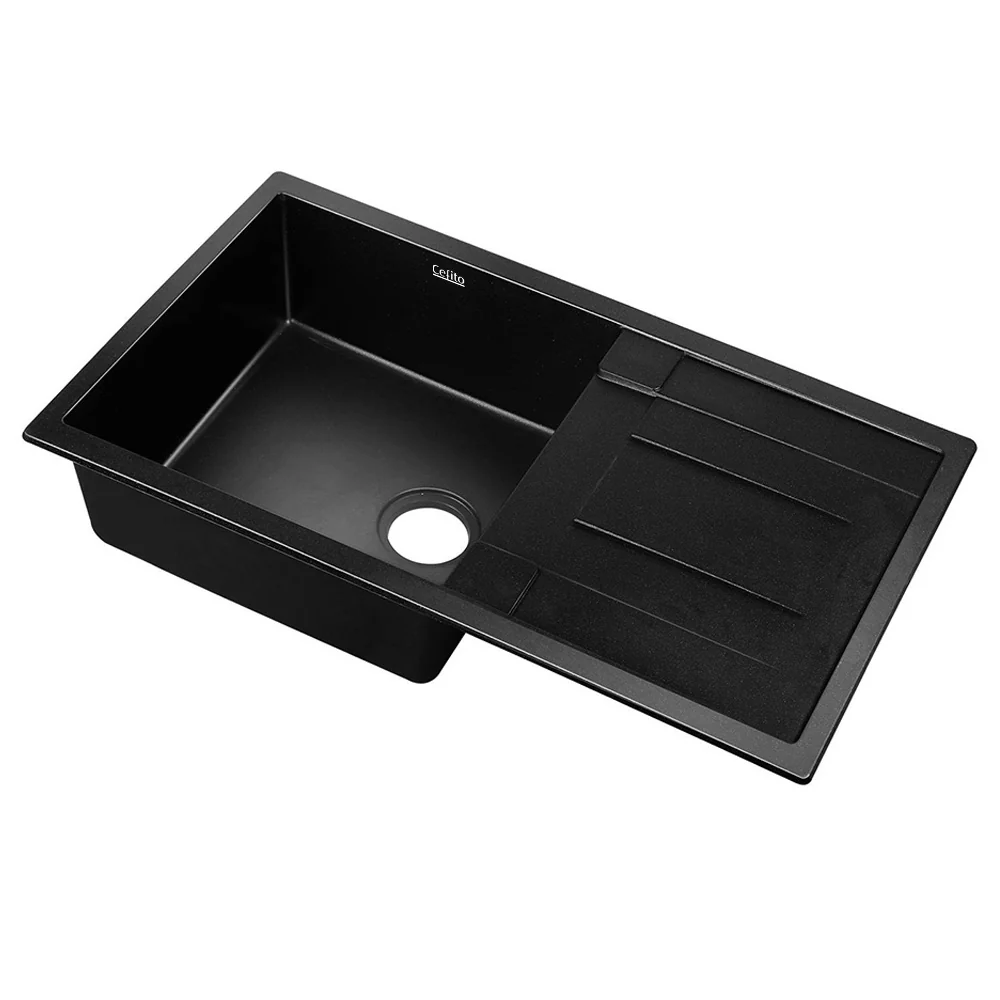Stone Kitchen Sink 860X500MM Granite Under/Topmount Basin Bowl Laundry Black - Nurns