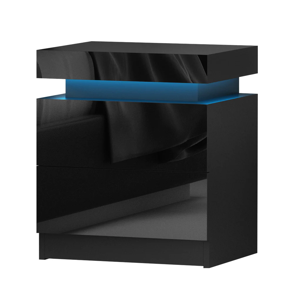 Levis LED High Gloss Bedside Tables Side Table RGB LED High Gloss Nightstand - Black - Nurns